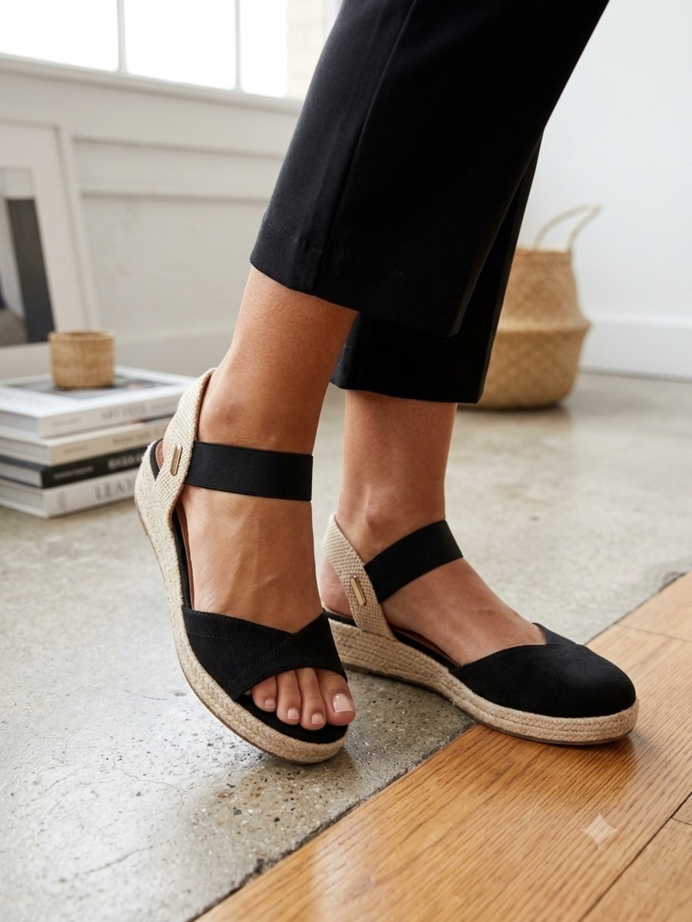 comfortview Black and Natural Espadrille Wedge Sandals